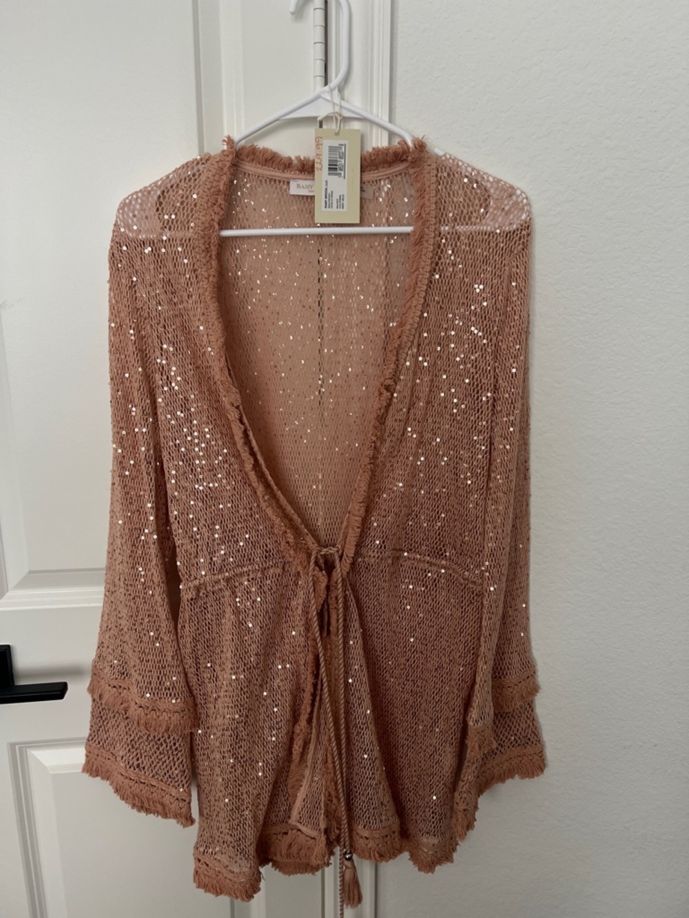 Ramy Brook Dusty Rose Sequin Open-Knit Tie Coverup